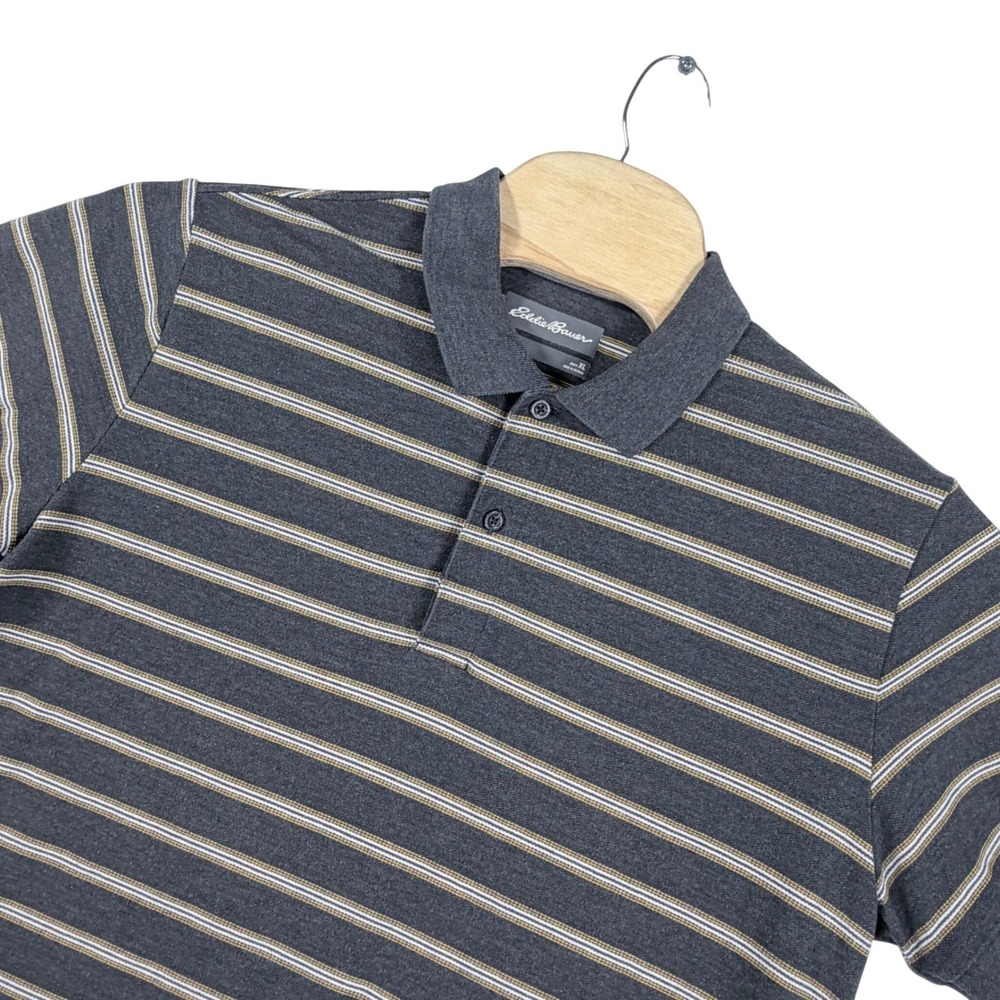 Eddie Bauer Mens XL Striped Polo Shirt‎ Short Sleeve Gray Preppy Classic Summer